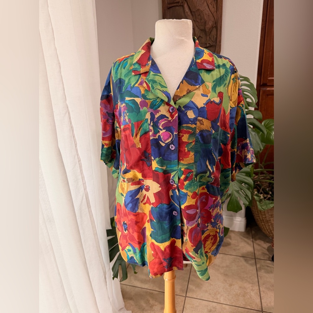 La Chime Plus 100% Silk Abstract Floral Button Front Blouse | 1X